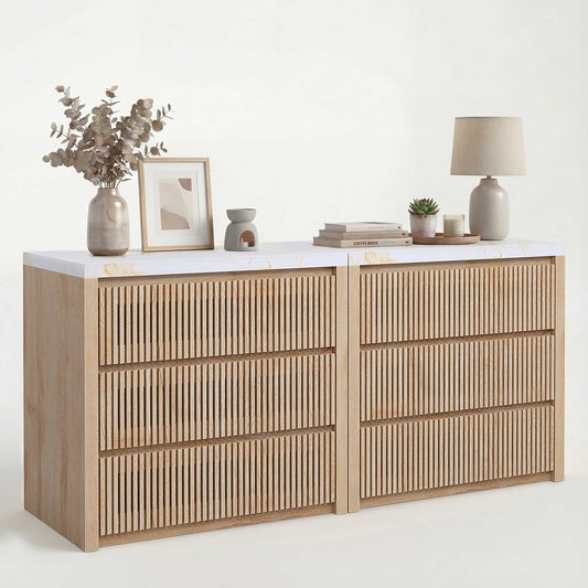 HAUOMS 27.6 Inch Tall Nightstand Extra Large Fluted Wood Bedside Table with 3 Drawers for Bedroom Living Room