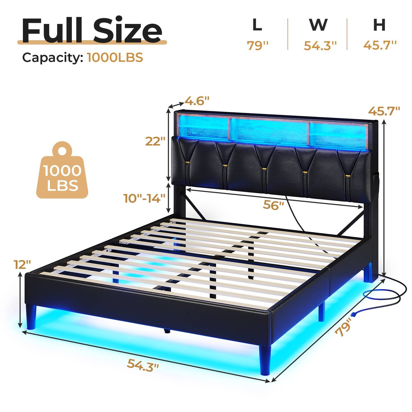 HAUOMS Full Bed Frame with Type-C and USB Charging Station Storage Pu Leather Platform Bed with LED and Shelf Headboard