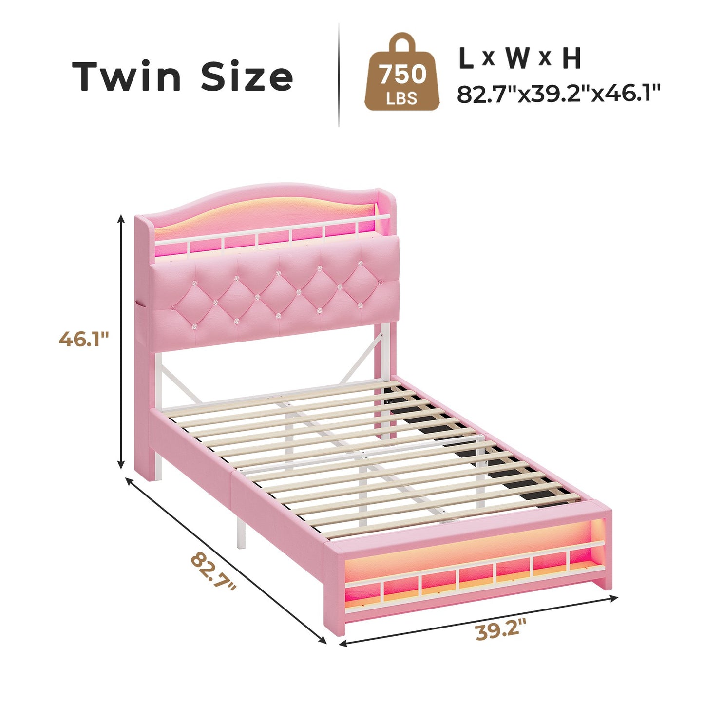 HAUOMS Twin Size Bed Frame with LED Lights and Charging Station Princess Velvet Upholstered Platform Bed with Guardrail and Crystal Button
