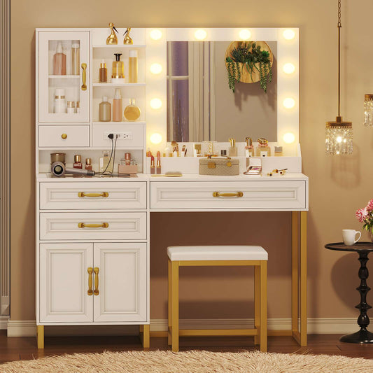 HAUOMS 42.9 Inch Makeup Vanity with Mirror and Lights Glass Top Vanity Desk with Charging Station and 4 Stoarge Drawers