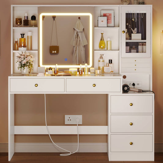 HAUOMS 45.3 Inch Makeup Vanity with Lights and Sliding Mirror Modern Vanity Desk with 5 Drawers and Charging Station