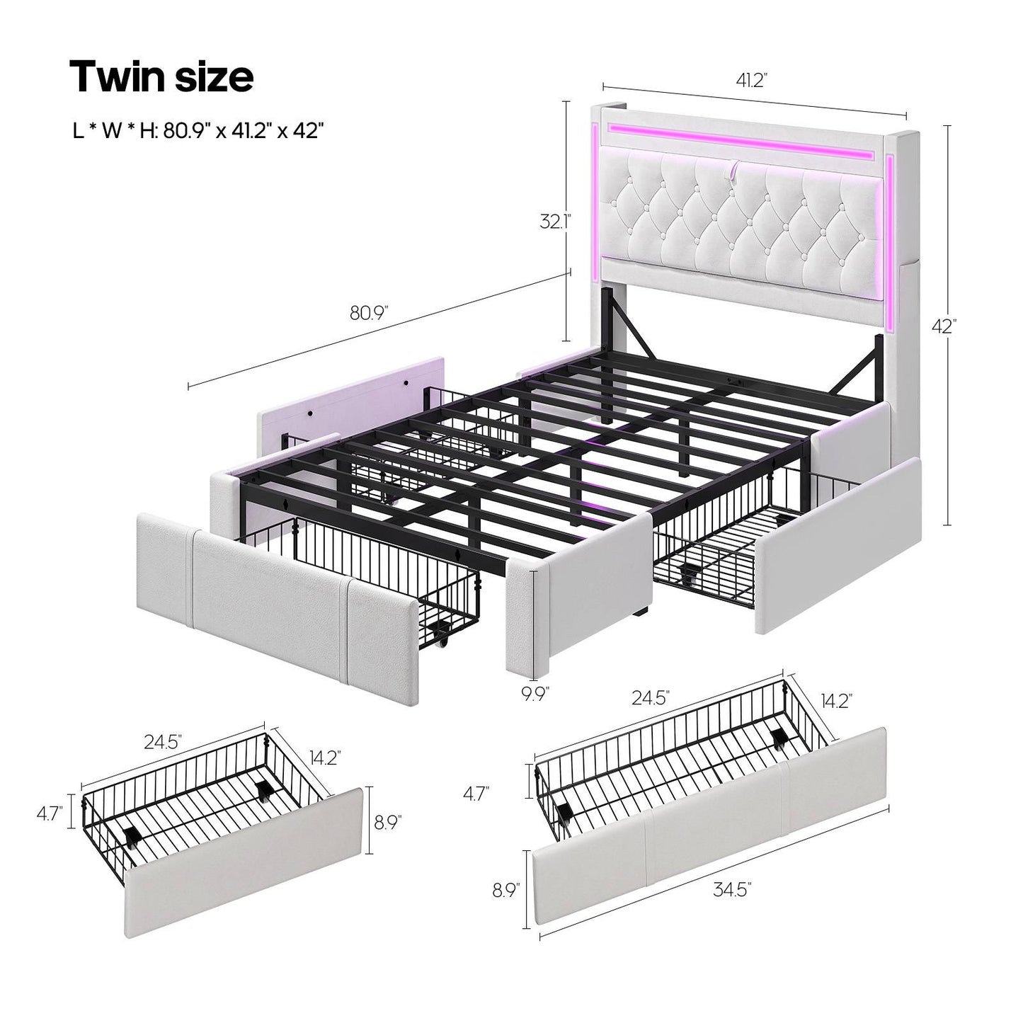 HAUOMS Twin Size Bed Frame with Storage Headboard and 3 Drawers Velvet Upholstered Princess Bed with Power Outlet
