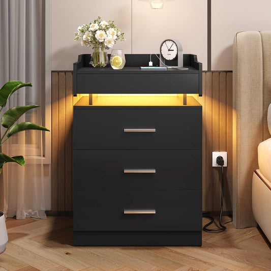 HAUOMS 28.3 Inch Tall Nightstand with LED Light and Pull-Out Shelf Side Table with 3 Drawers USB Ports and Outlets for Bedroom