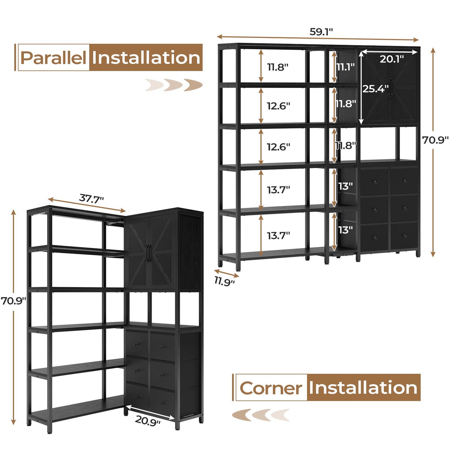 HAUOMS Corner Bookshelf with 6 Tier Convertible Bookshelf and 6 Fabric Drawers for Home Office Living Room