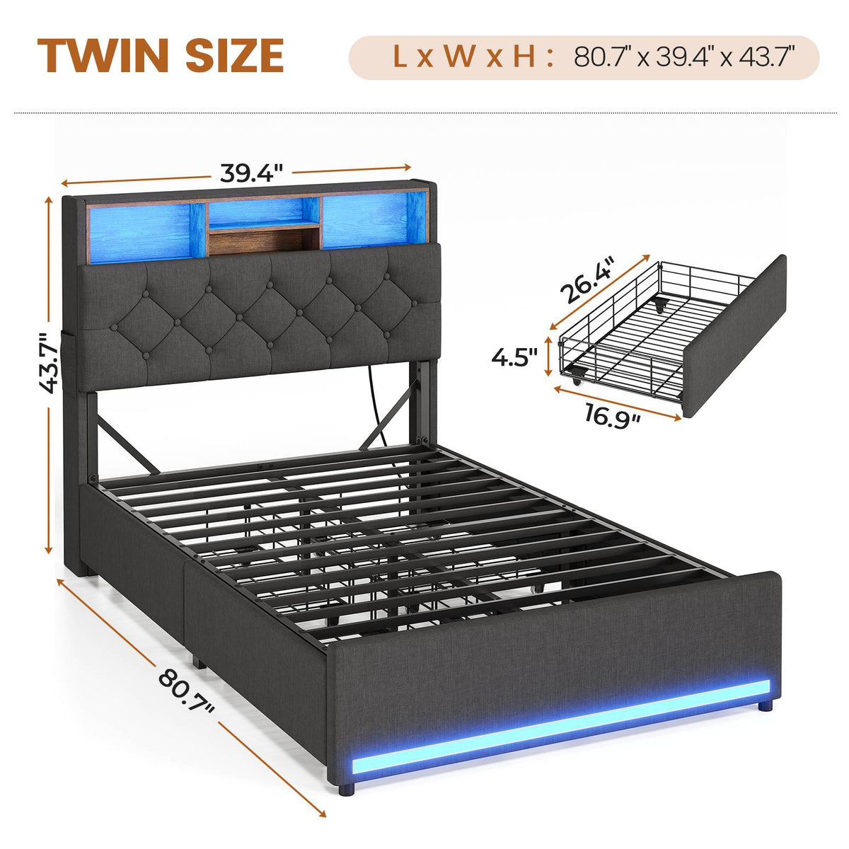 HAUOMS Twin Size Bed Frame with Hidden Storage Headboard and 4 Drawers Upholstered Platform Bed Twin with LED Lights Charging Station