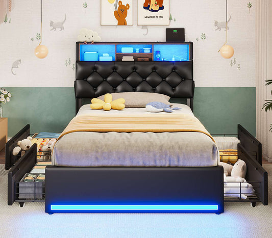 HAUOMS Twin Size Bed Frame with Hidden Storage Headboard and 4 Drawers Upholstered Platform Bed Twin with LED Lights Charging Station