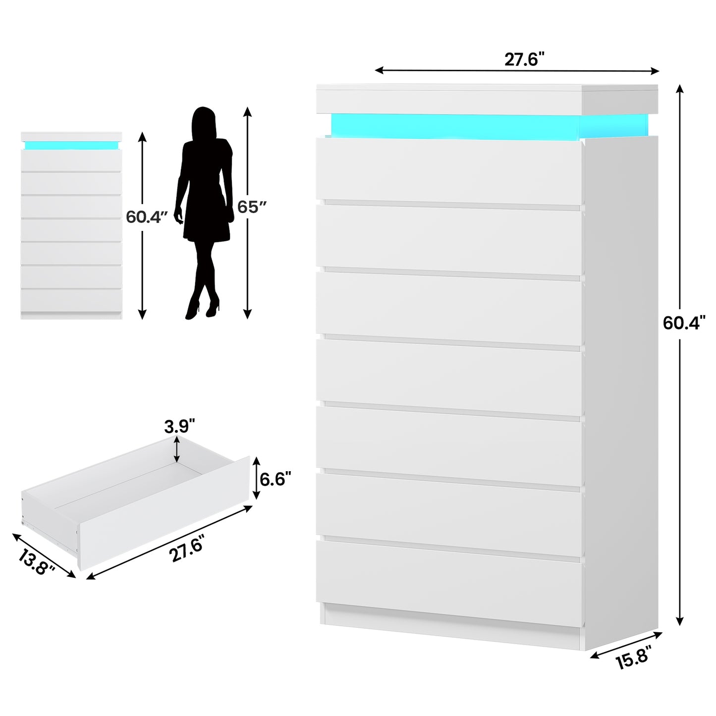 HAUOMS 60.4 Inch Tall Dresser with 7 Drawers and LED Lights Modern Chest of Drawers for Living Room Bedroom