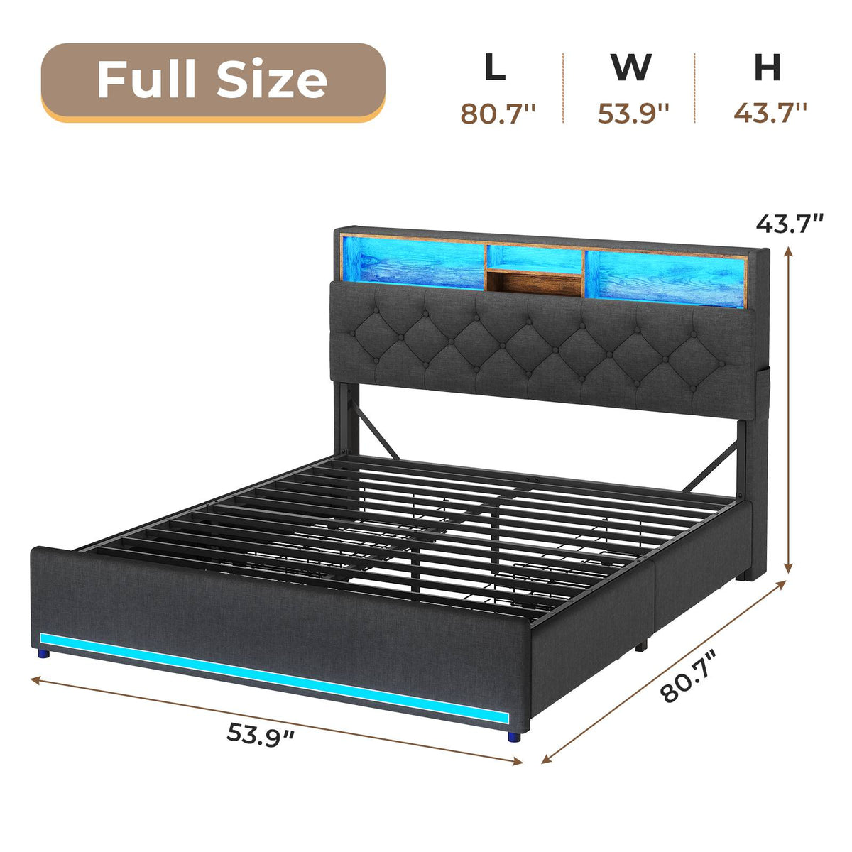 HAUOMS Full Size Bed Frame with 4 Drawers and Hidden Storage Headboard Upholstered Platform Bed with LED Lights and Charging Station