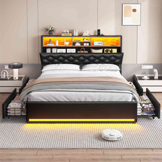 HAUOMS Full Size Bed Frame with 4 Drawers and Hidden Storage Headboard Upholstered Platform Bed with LED Lights and Charging Station