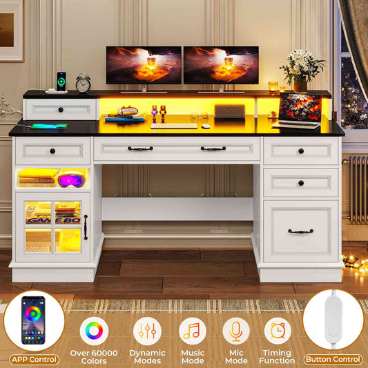 HAUOMS Desk with Drawers and Storage Cabinet Executive Computer Desk with Power Outlet Led Lights and Monitor Shelf for Home Office