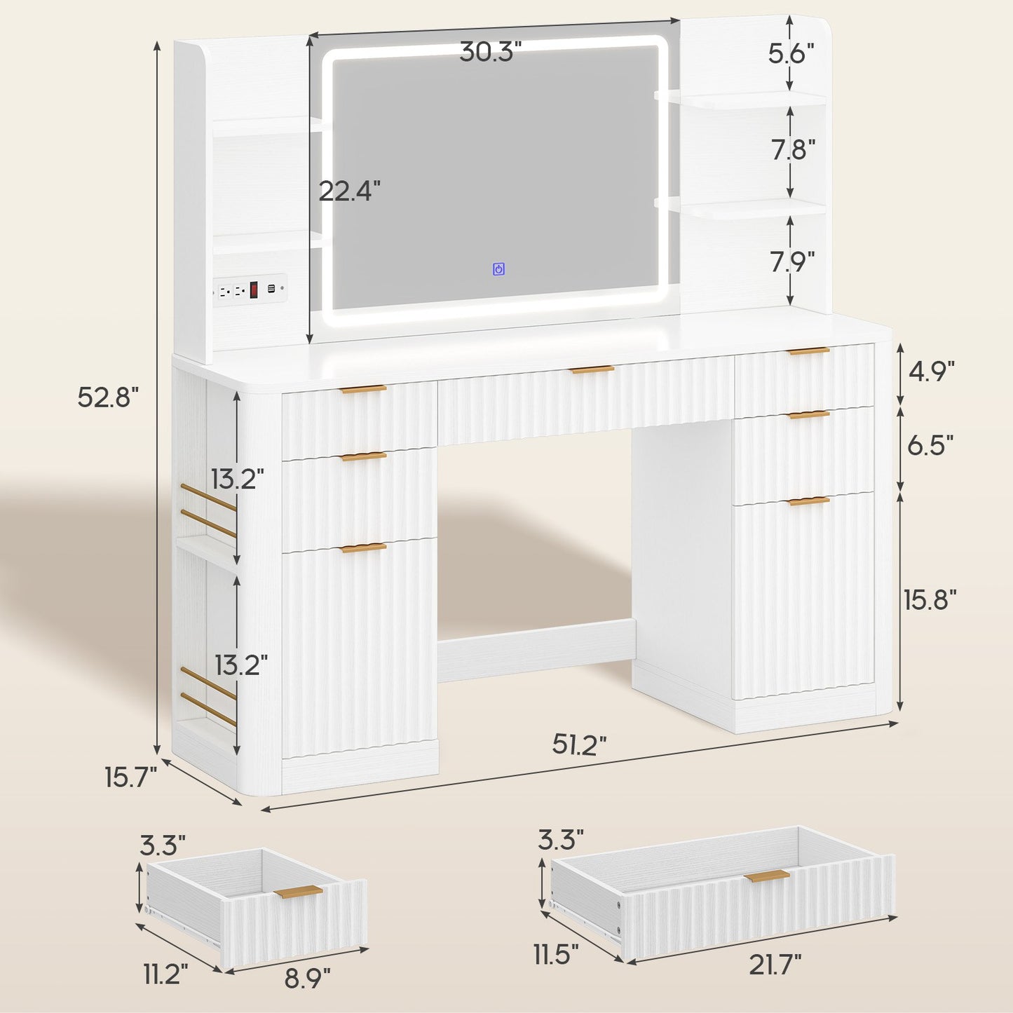 HAUOMS 51.2 Inch Makeup Vanity Desk with Mirror and Lights 5 Drawer Fluted Vanity with Power Strip 6 Shelves and 2 Cabinet