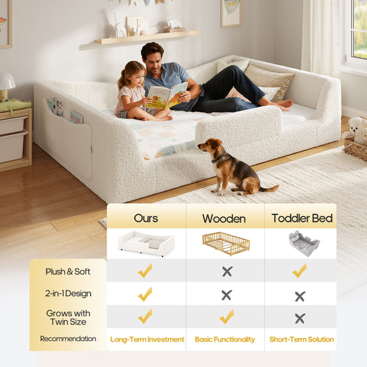 HAUOMS Full Floor Bed with Slats and High Rails 2-in-1 Convertible Beds with Upholstered Teddy Boucle Curve Round Frame for Girls and Boys