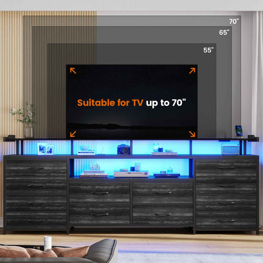 HAUOMS 63 Inch TV Stand with LED Lights and Power Outlets Long Dresser with 12 Fabric Drawers and Shelves for Bedroom