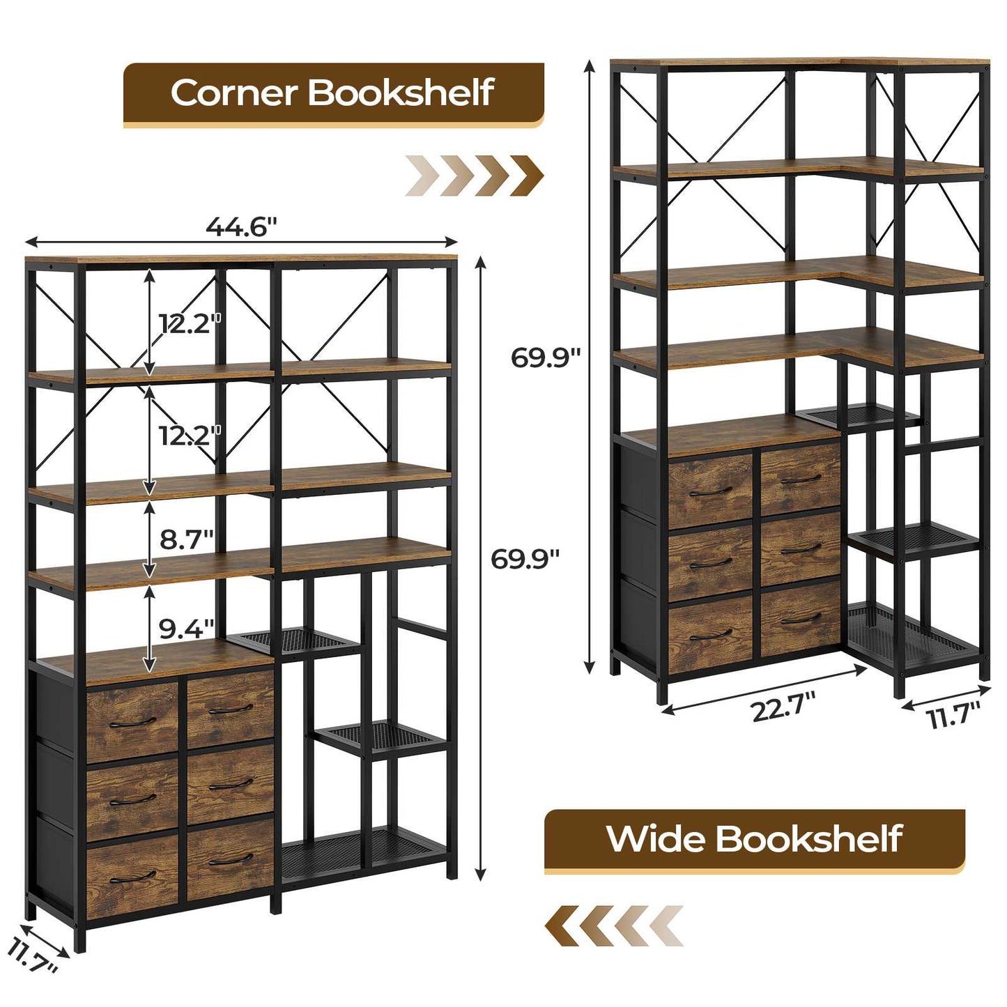 HAUOMS Corner Bookshelf with 7-Tier Tall Convertible Book Shelf with 6 Fabric Drawers for Living Room Kitchen Home Office