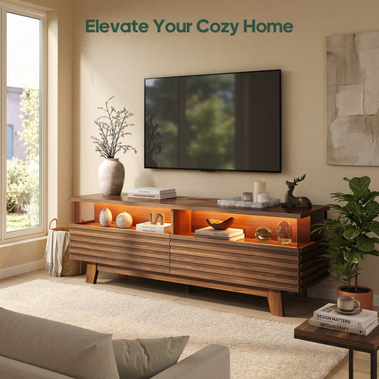 HAUOMS 59 Inch TV Stand with Cable Management and Hidden Power Station Fluted Modern TV Cabinet with Storage and LED Lights