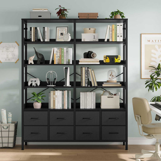 HAUOMS Bookshelf with 8 Fabric Drawers Industrial Book Shelf 7-Tier Bookcase with Baffles Shelves for Living Room Home Office