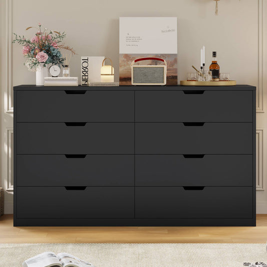HAUOMS 55 Inch Wide Dresser with 8 Drawer Black Modern Chest for Bedroom Living Room Entryway