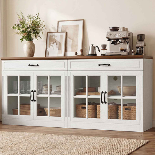 HAUOMS 31.5 Inch Coffee Bar Cabinet with Glass Doors and Drawer Modern Farmhouse Buffet with 3-Level Adjustable Shelf Storage Console for Kitchen Living Room