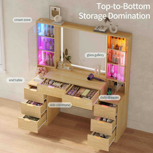 HAUOMS Vanity with 8 Drawers and Charging Station Fluted Makeup Vanity Desk with Mirror and LED Lights for Girls Women
