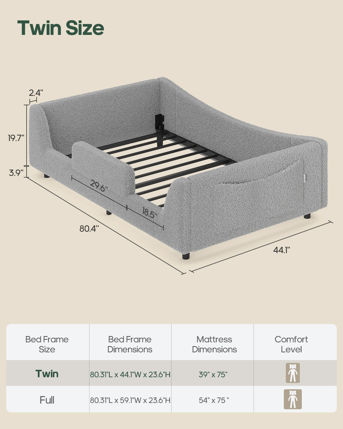 HAUOMS Full Floor Bed with Slats and High Rails 2-in-1 Convertible Beds with Upholstered Teddy Boucle Curve Round Frame for Girls and Boys