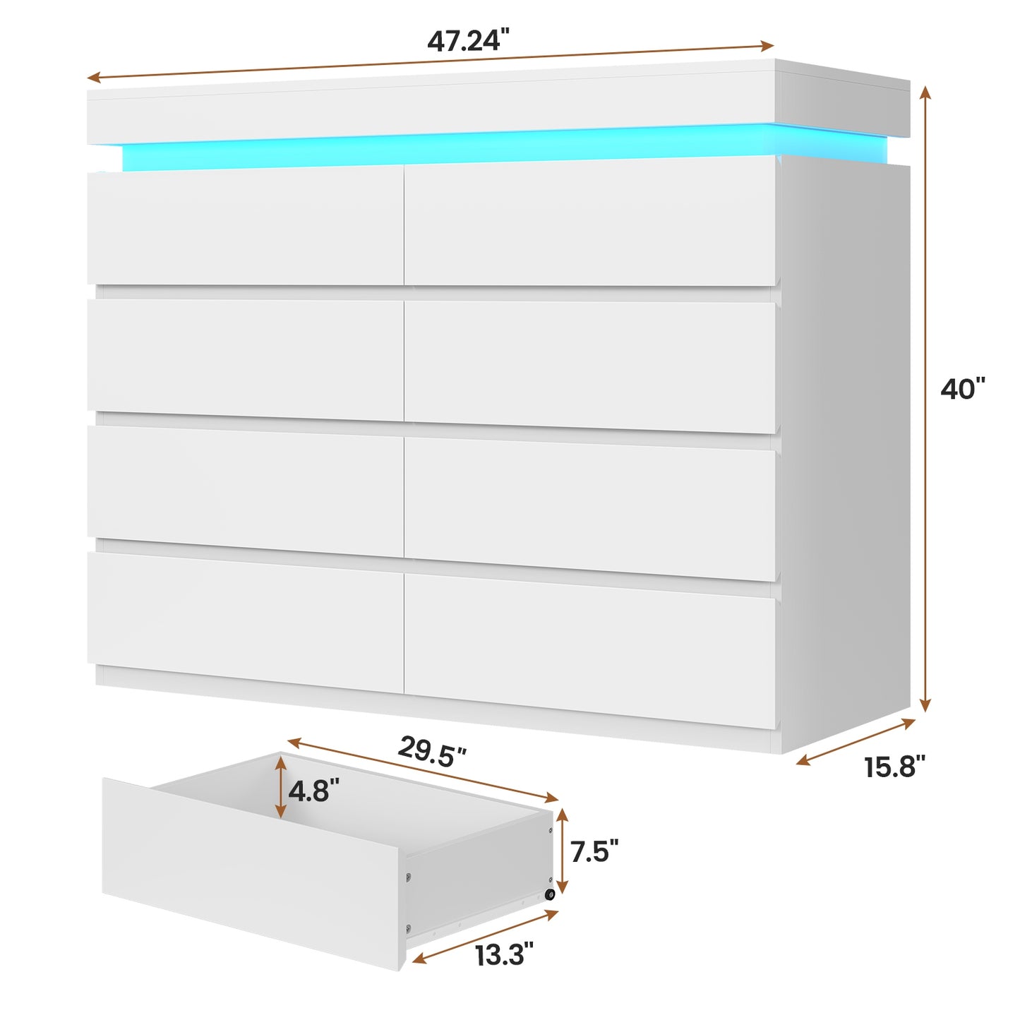 HAUOMS 40 inch Dresser with LED Light and 8 Drawer Modern Closet Dressers for Bedroom Living Room Entryway