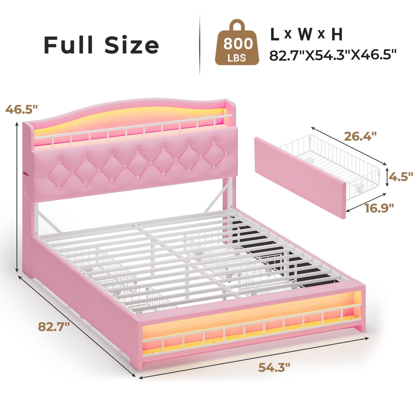 HAUOMS Full Size Bed Frame with 4 Drawers and LED Lights Princess Velvet Upholstered Platform Bed Headboard with Charging Station and Guardrail for Girls