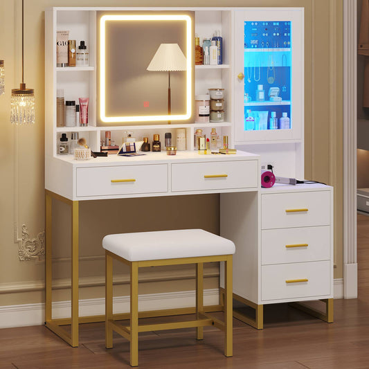 HAUOMS Makeup Vanity with Upholstered Stool and 5 Drawers Vanity Desk with Mirror and RGB Lights Vanity Table Set with Jewelry Storage and Shelves