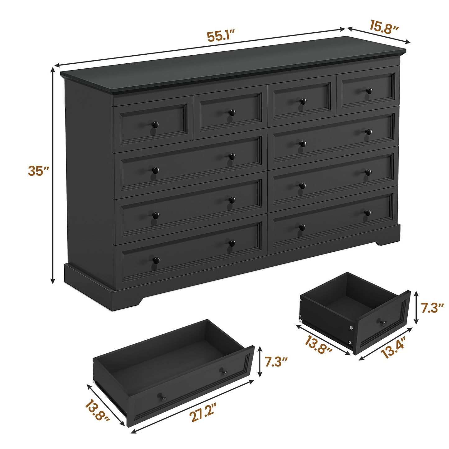 HAUOMS 55.1 inch wide Dresser With 10 Storage Drawers for Bedroom and living room