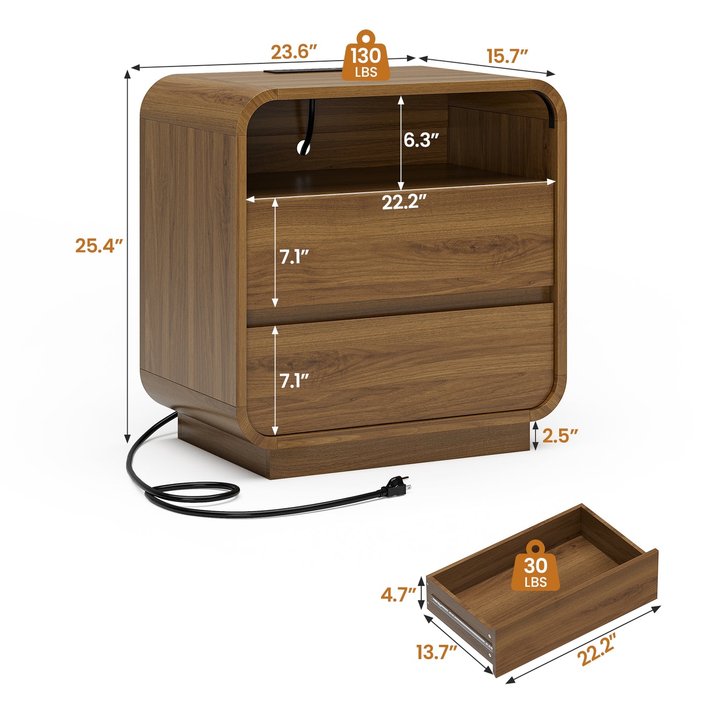 HAUOMS 25 Inch Tall Nightstand with Charging Station and 2 Storage Drawers Curved Modern Mid Century End Table for Bedroom Living Room