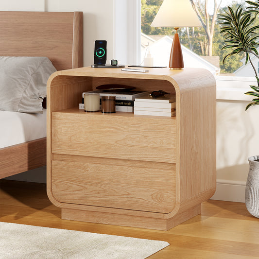 HAUOMS 25 Inch Tall Nightstand with Charging Station and 2 Storage Drawers Curved Modern Mid Century End Table for Bedroom Living Room