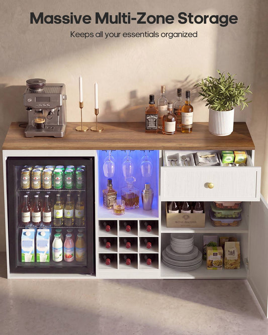 HAUOMS 55.2 Inch wide Coffee Bar Cabinet with Fridge Space and storage drawer Home Wine Bar with Power outlets and LED lights Coffee bar buffet sideboard with wine rack