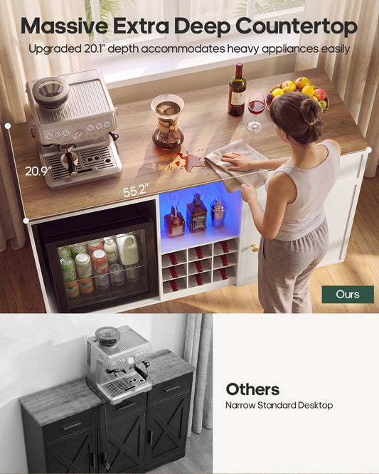 HAUOMS 55.2 Inch wide Coffee Bar Cabinet with Fridge Space and storage drawer Home Wine Bar with Power outlets and LED lights Coffee bar buffet sideboard with wine rack