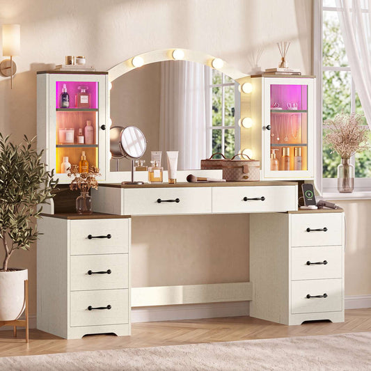 HAUOMS 59.1 Inch Vanity with Mirror and LED Lights Farmhouse Western 8 Drawers Dressing Table with Charging Station for Girls Women