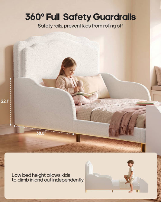 HAUOMS Twin Toddler Bed with Bookcase and RGB LED Lights 2‑Ways Montessori Toddler Bed 4‑in‑1 Bookshelf Toy Organizer with Reading Nook Cushion and 360 Safety Guardrails