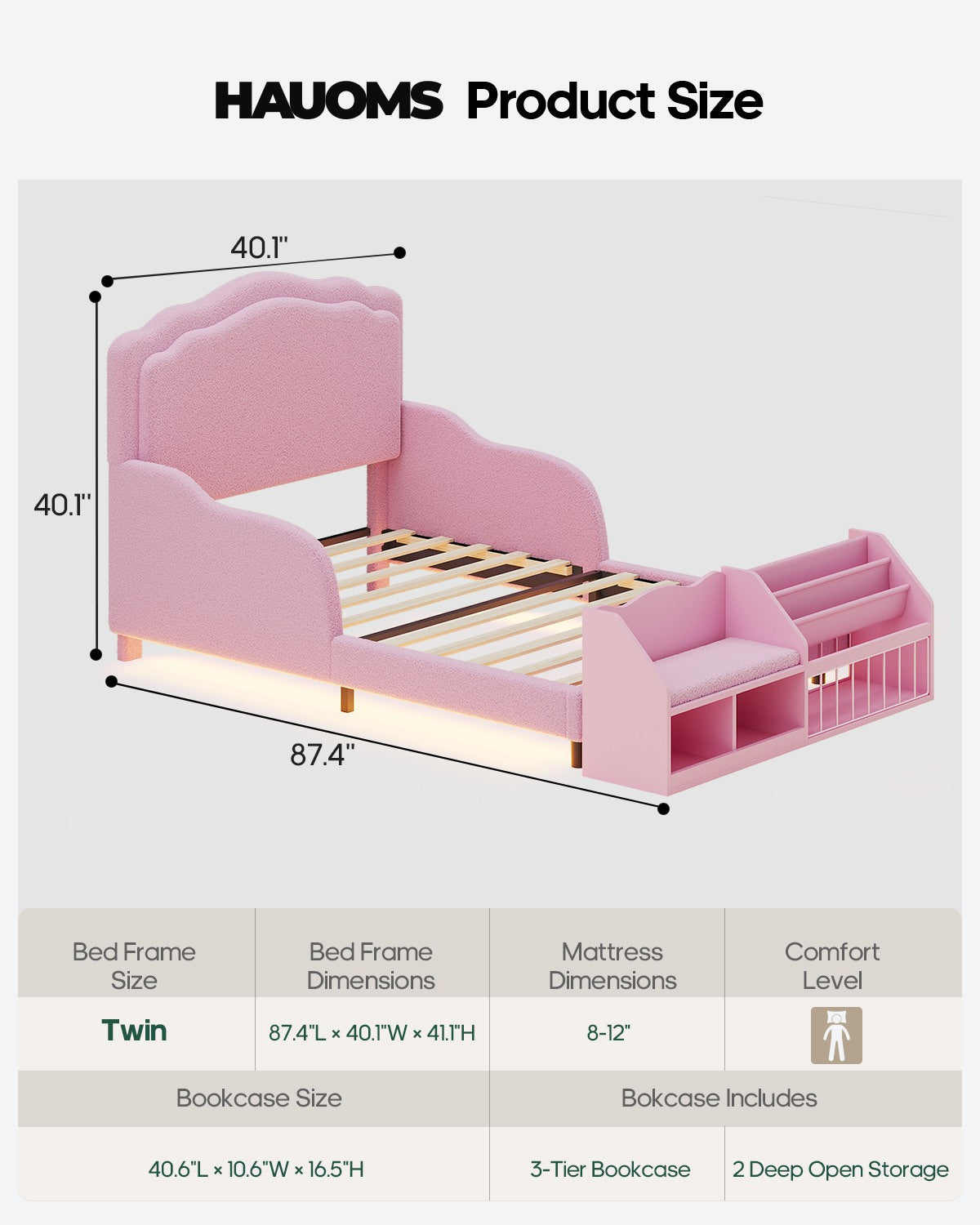 HAUOMS Twin Toddler Bed with Bookcase and RGB LED Lights 2‑Ways Montessori Toddler Bed 4‑in‑1 Bookshelf Toy Organizer with Reading Nook Cushion and 360 Safety Guardrails