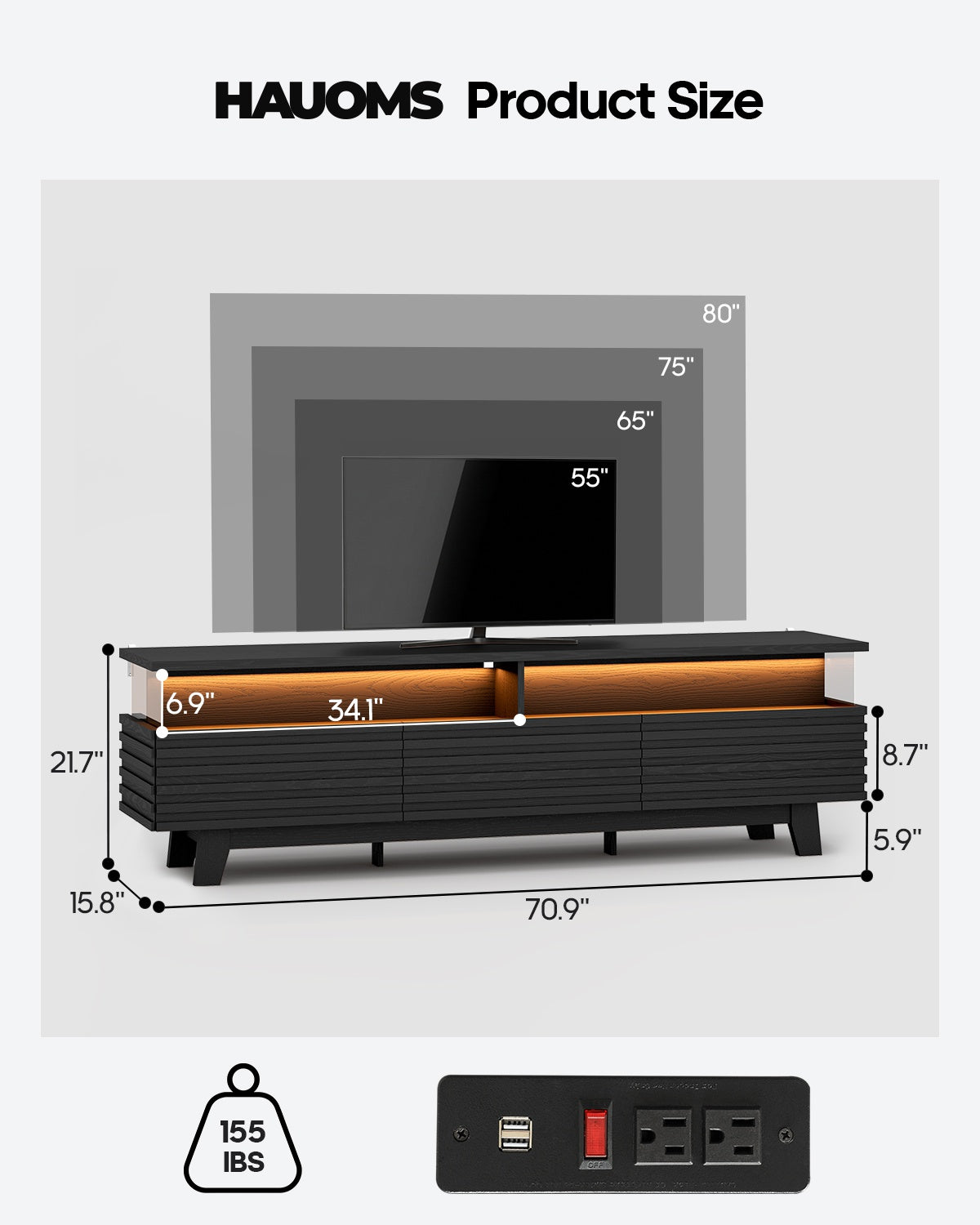 HAUOMS 70.9 Inch TV Stand with Hidden Power Station and LED Lights Fluted Modern TV Cabinet with Storage and Cable Management