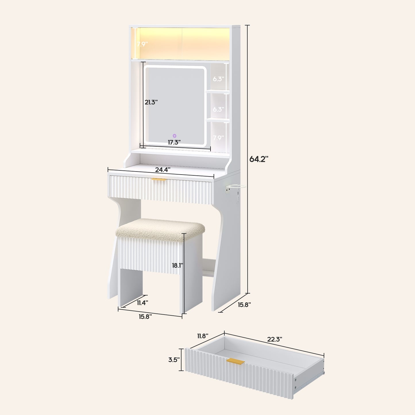 HAUOMS Small Vanity Desk with Mirror Sound Sync LED Lights and Teddy Chair Fluted Wood Compact Makeup Vanity Table Set Storage Drawer