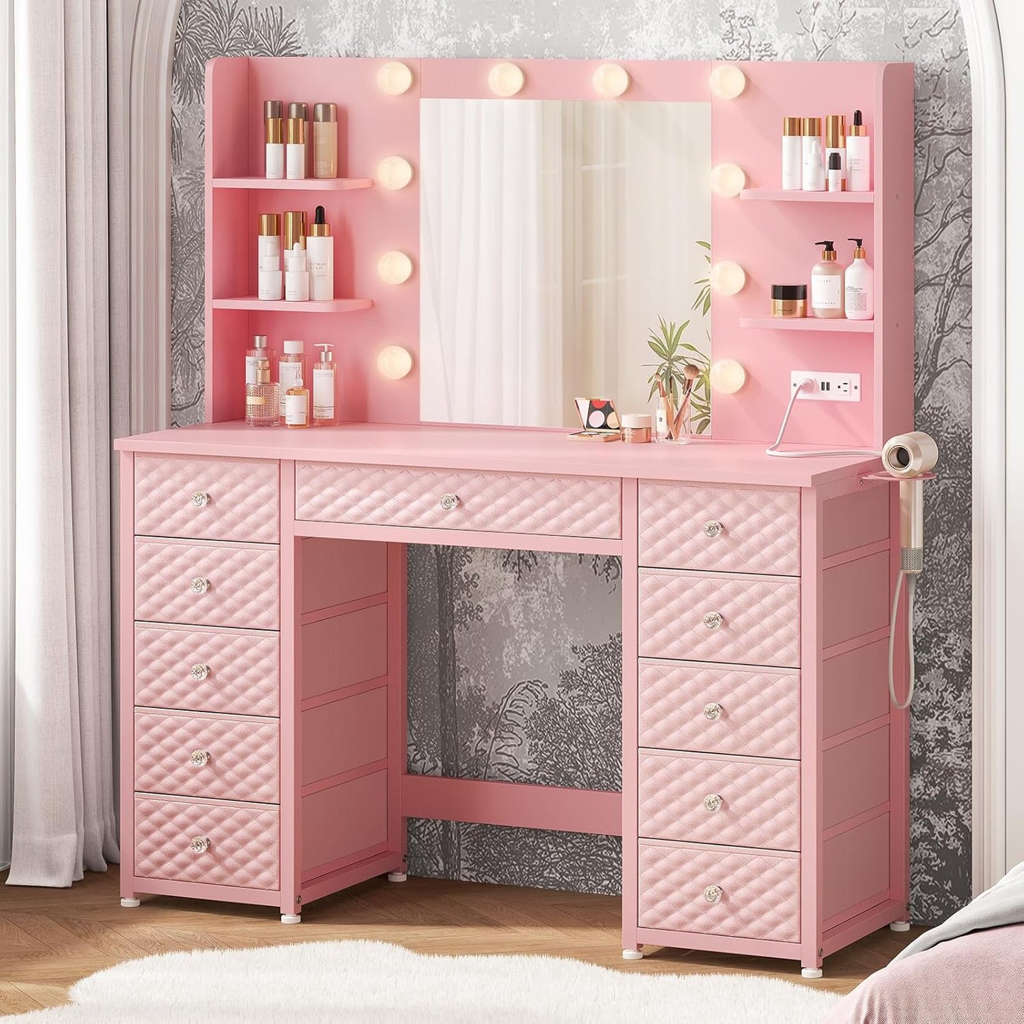 Vanity with Lights and Mirror, 11 Drawer Makeup Vanity with Power Strip, 6 Open Shelves, 45.3” Vanity Desk with Storage, Dressing Table with 3 Color Modes for Bedroom, Women, Girls (Pink)