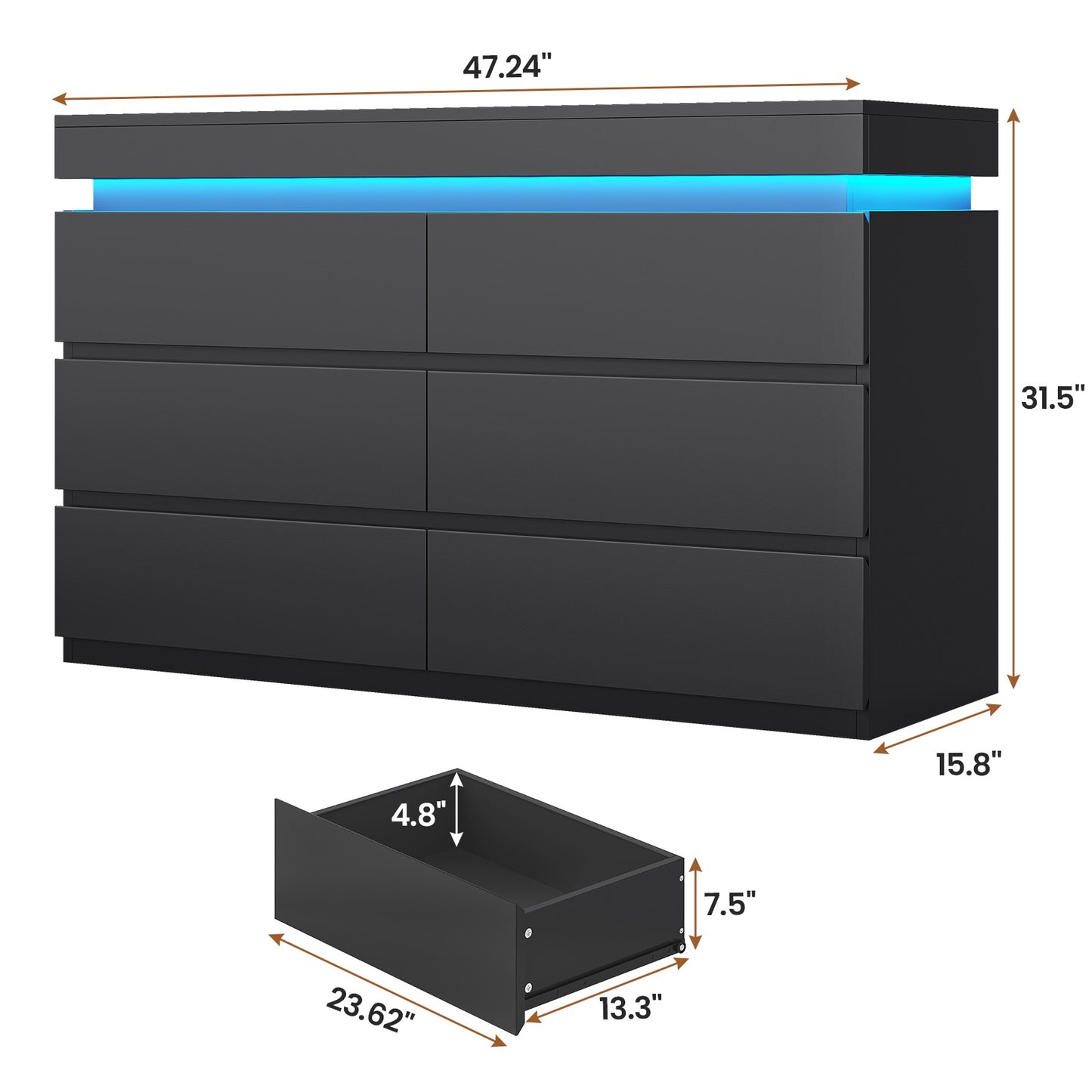 HAUOMS 47.2 Inch Wide Dresser with 6 Drawer and LED Light Modern Chest Dressers of Drawers for Bedroom Living Room