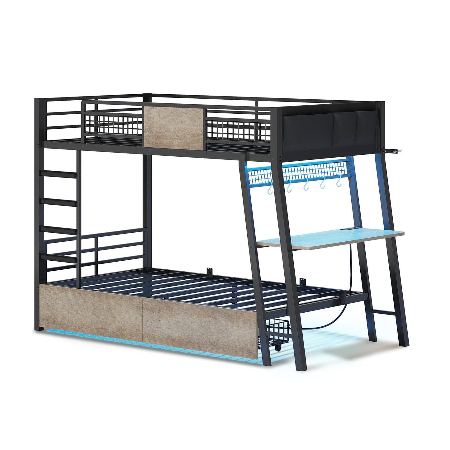 HAUOMS Bed Frame Greige LED Bunk Bed with Desk Greige