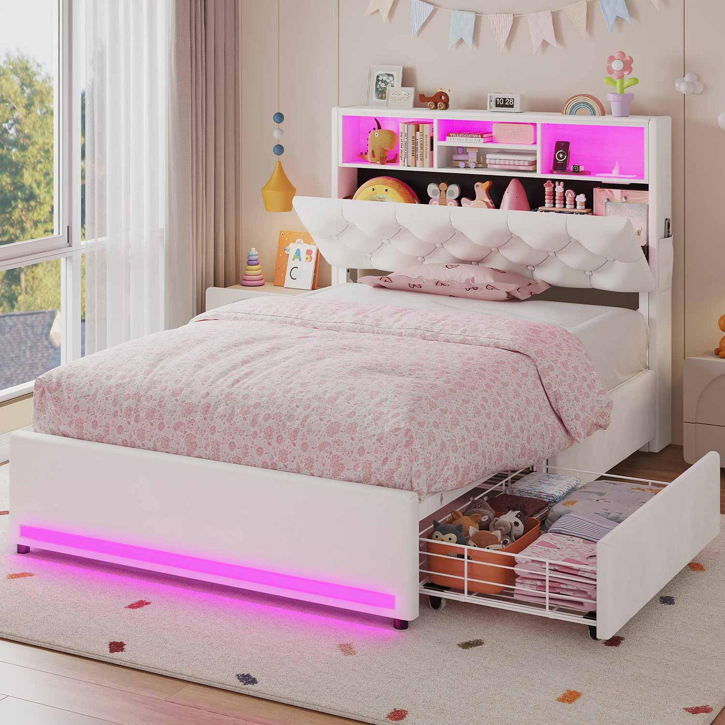 HAUOMS Bed Frame Black / Twin LED Twin Bed Frame with Bookcase Headboard, White