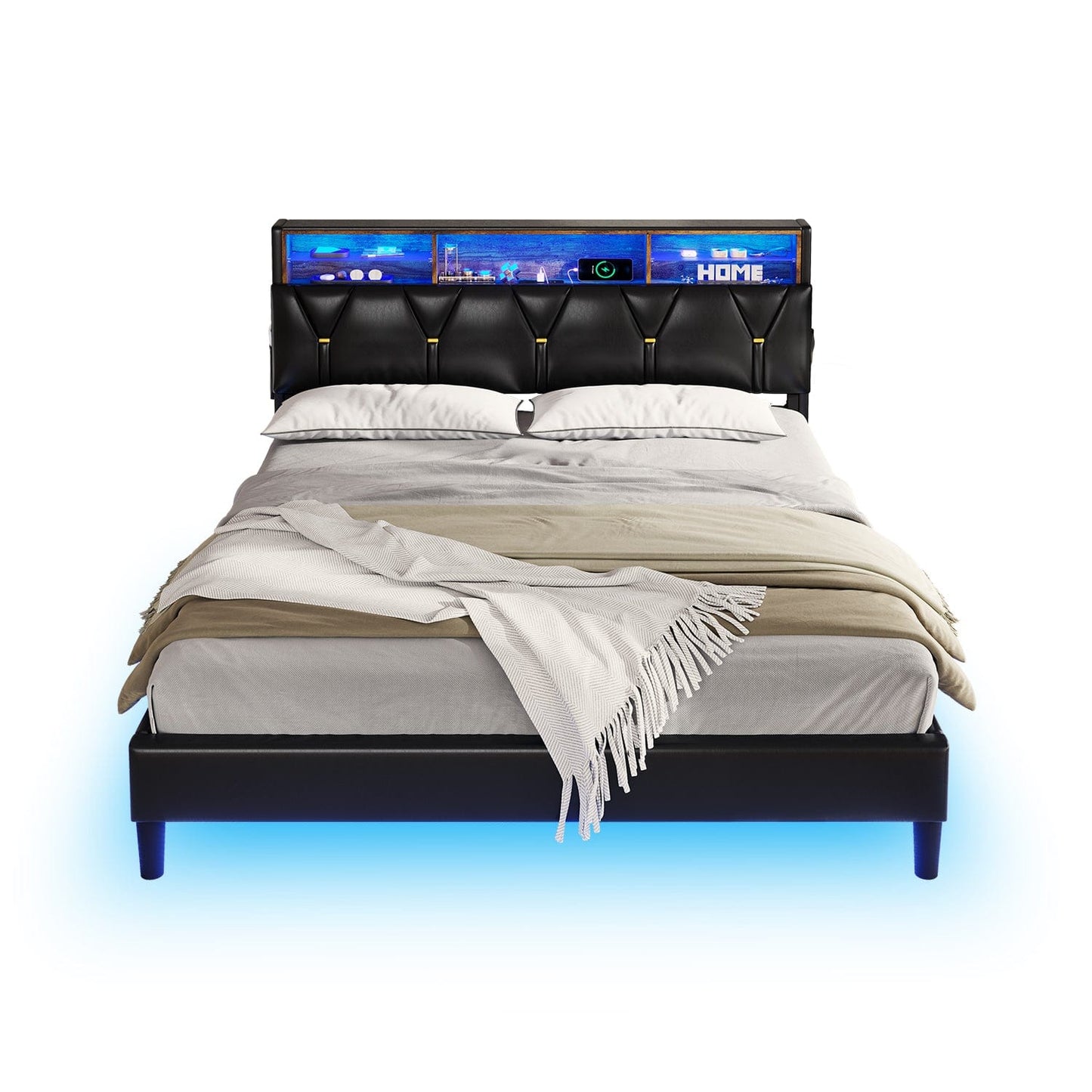HAUOMS Bed Frame Faux Leather LED Bed Frame Black