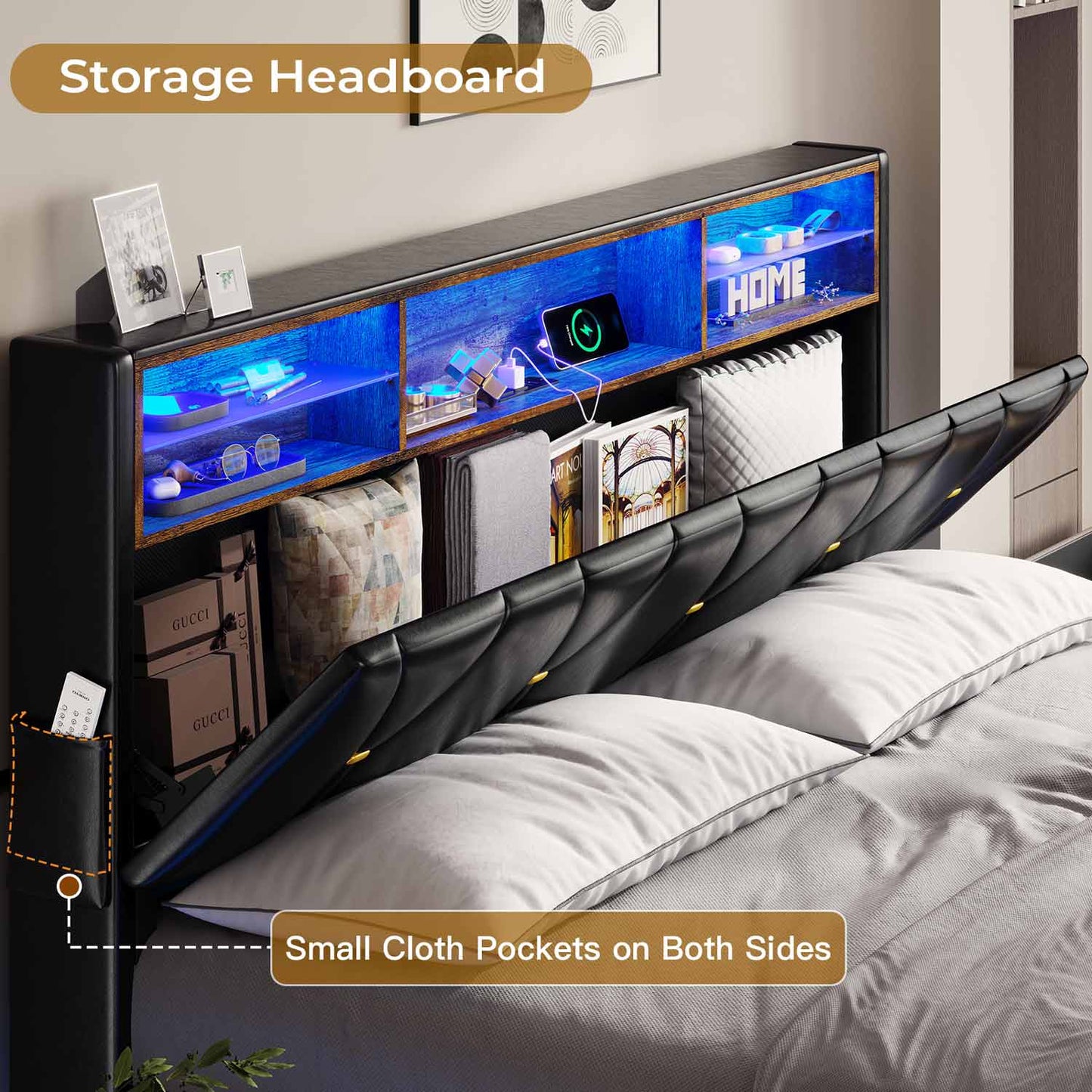 Hauoms Bed Frame Faux Leather LED Bed Frame Black
