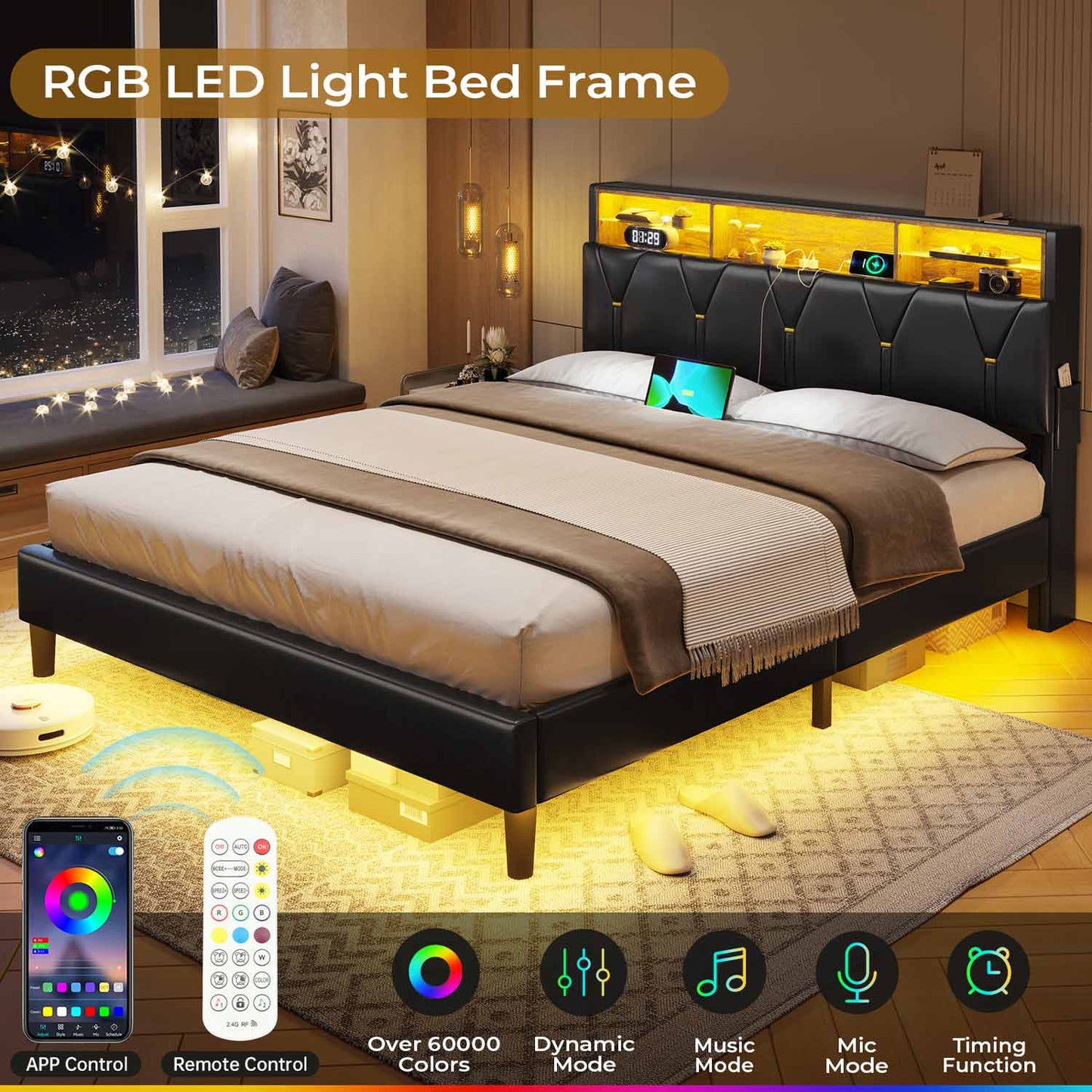 Hauoms Bed Frame Faux Leather LED Bed Frame Black