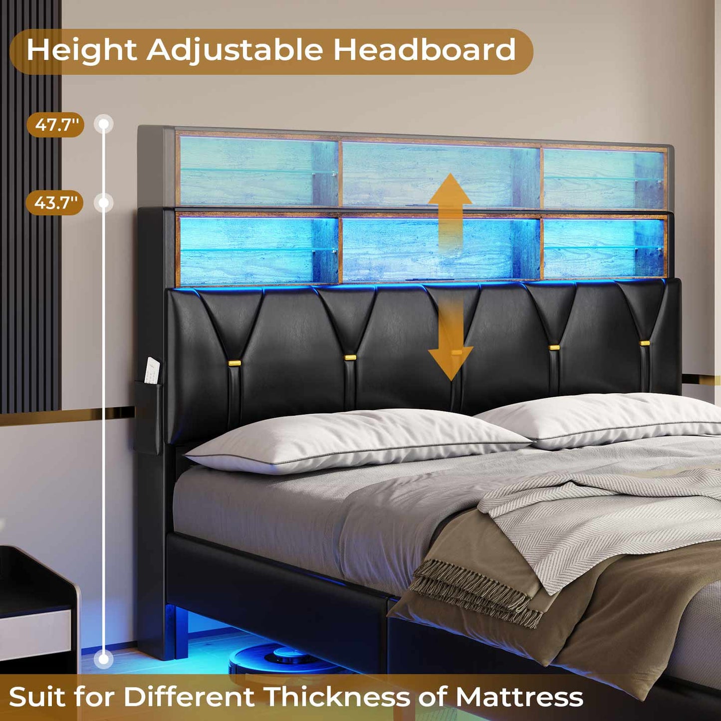 Hauoms Bed Frame Faux Leather LED Bed Frame Black