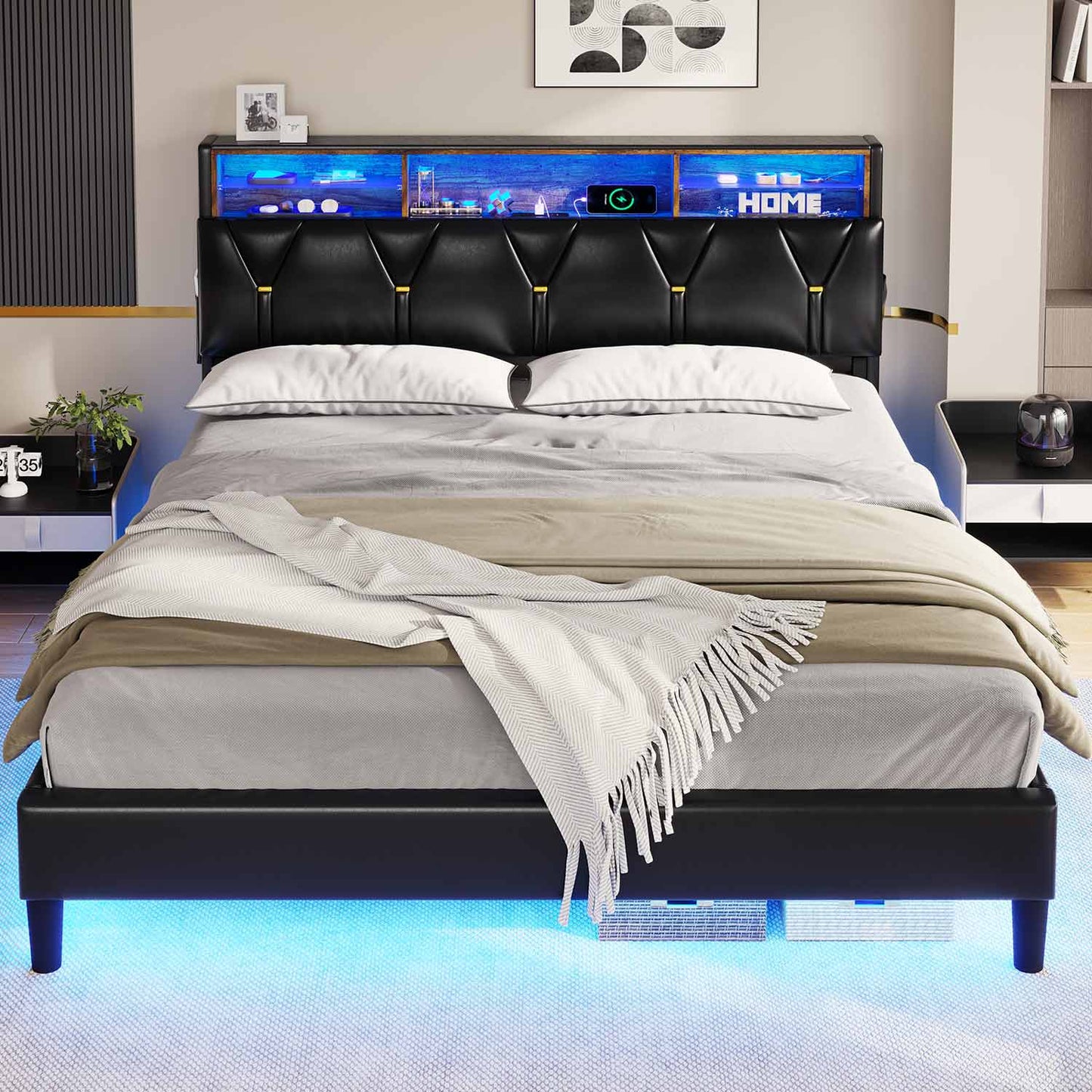 Hauoms Bed Frame Faux Leather LED Bed Frame Black