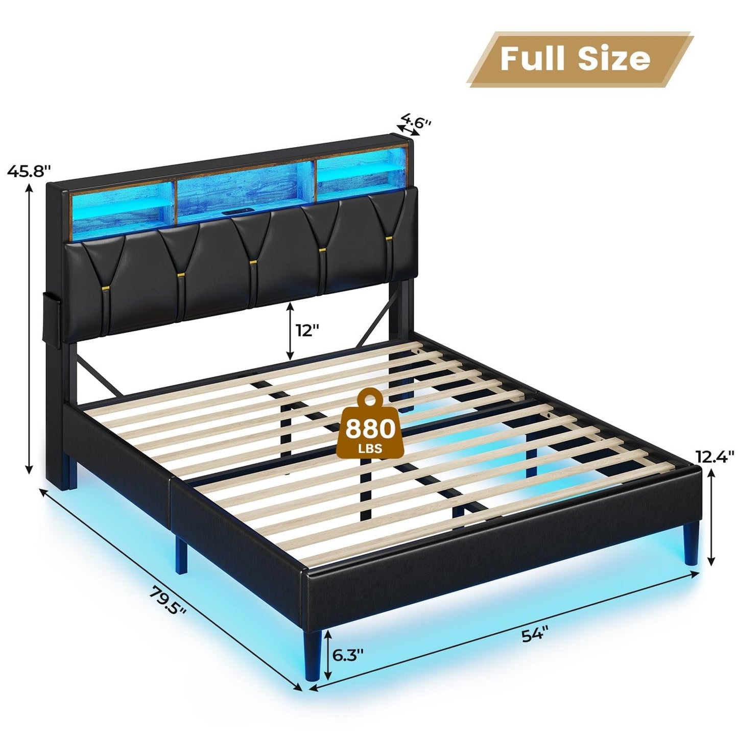 Hauoms Bed Frame Faux Leather LED Bed Frame Black