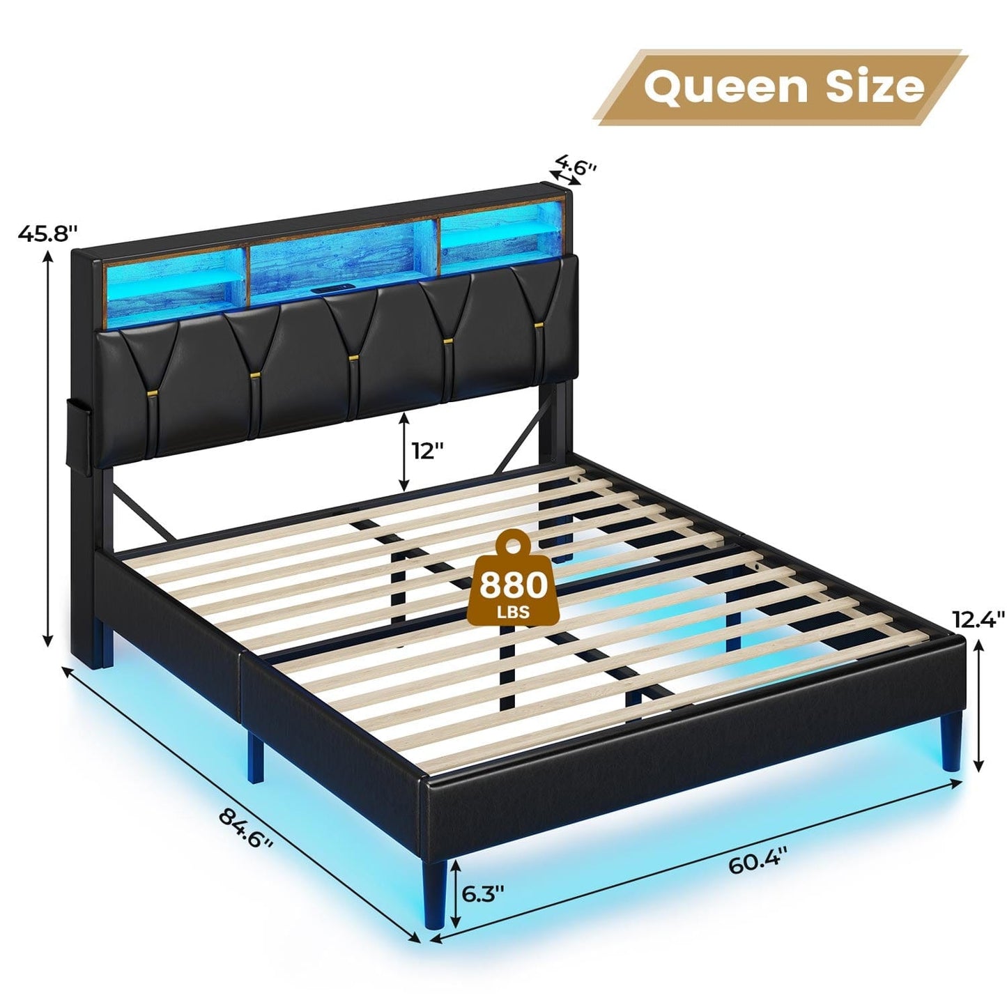 Hauoms Bed Frame Faux Leather LED Bed Frame Black