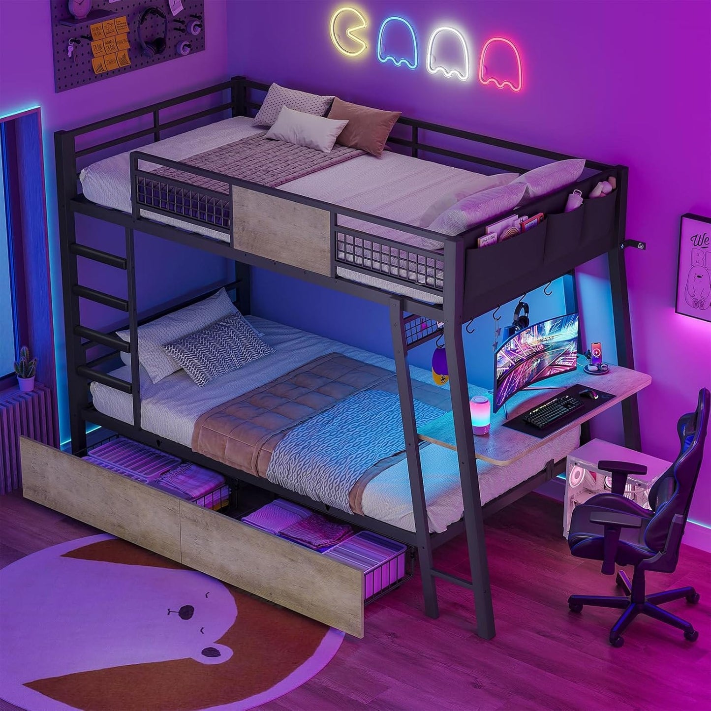HAUOMS Bed Frame Greige Bunk Bed with Desk Greige