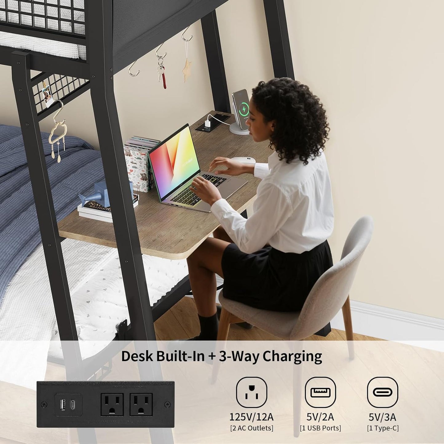 HAUOMS Bed Frame Greige Bunk Bed with Desk Greige
